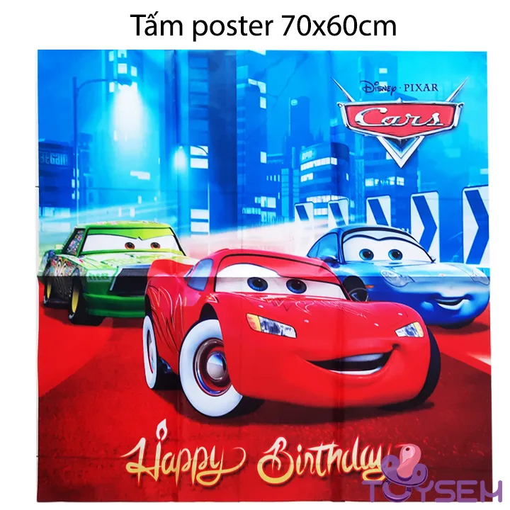 Bộ trang trí sinh nhật poster mẫu vương quốc xe hơi có kèm ống bơm - Sét trang trí happy birthday cho bé trai mừng thôi nôi