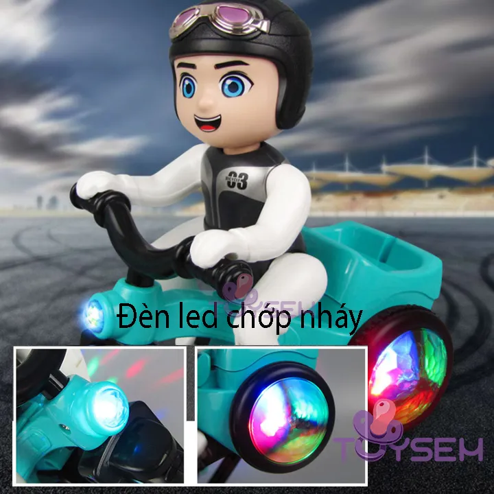 Đồ chơi bé đi xe đạp bốc đầu xoay 360 độ có đèn và nhạc