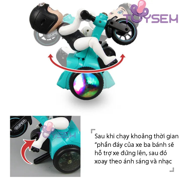Đồ chơi bé đi xe đạp bốc đầu xoay 360 độ có đèn và nhạc