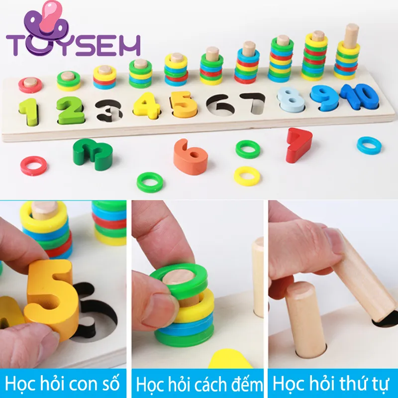 Đồ chơi bảng gỗ xếp ghép hình và ghép số với 2 dòng tập đếm cho bé