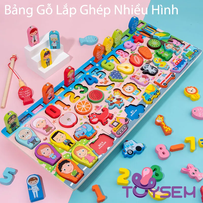 Đồ chơi bảng gỗ xếp ghép hình và ghép số với 5 dòng tập đếm cho bé