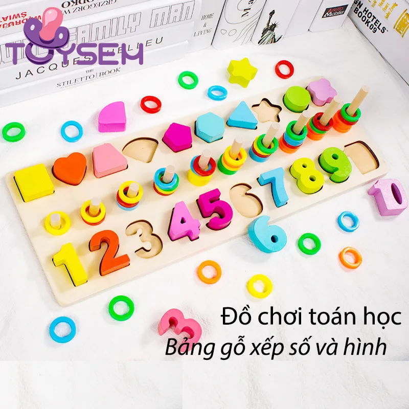 Đồ chơi bảng gỗ xếp ghép hình và ghép số với 3 dòng tập đếm cho bé