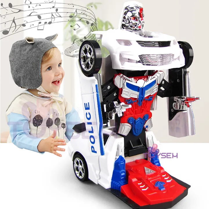 Xe cảnh sát biến hình robot có đèn và nhạc cho trẻ em - Quà tặng sinh nhật cho be