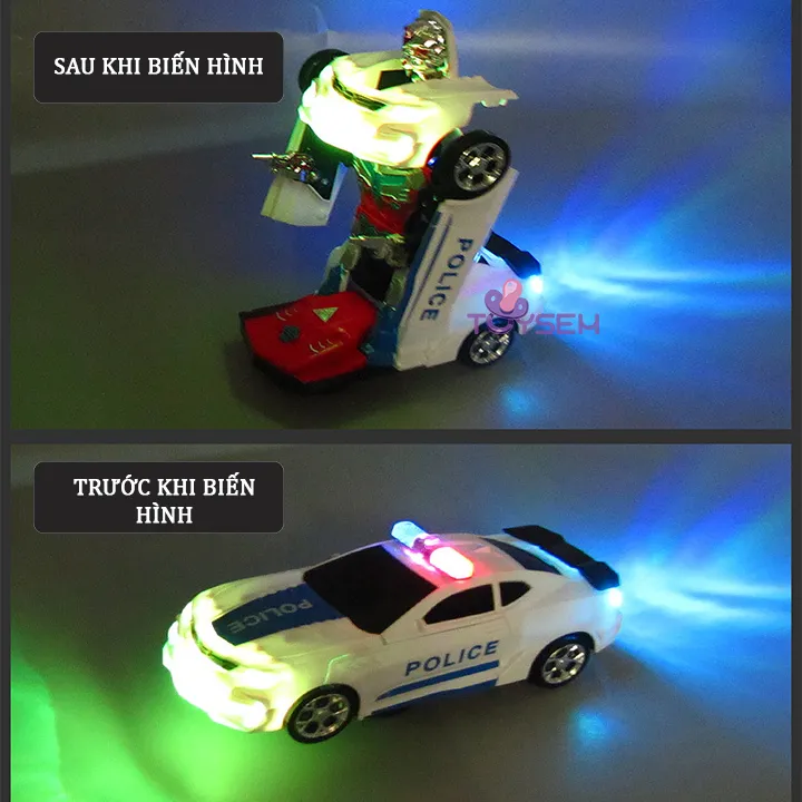Xe cảnh sát biến hình robot có đèn và nhạc cho trẻ em - Quà tặng sinh nhật cho be