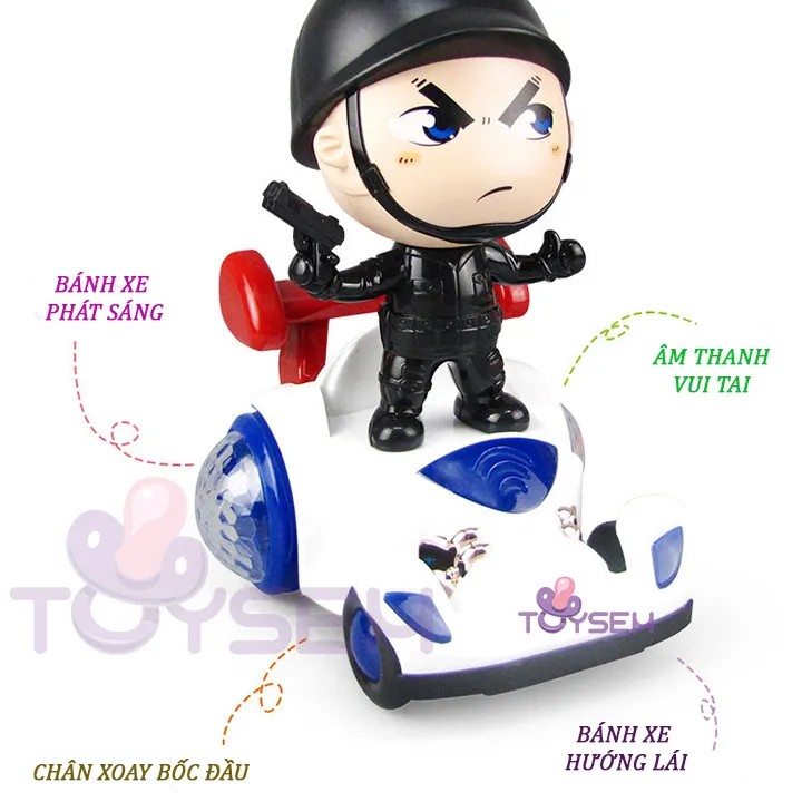 Xe cảnh sát tự cân bằng 4 bánh bóc đầu xoay 360 độ có đèn và nhạc vui tai - Quà tặng sinh nhật cho bé